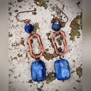 Rustic & Primitive Large Blue Kyanite In Weathered Rugged Copper Drop Earrings